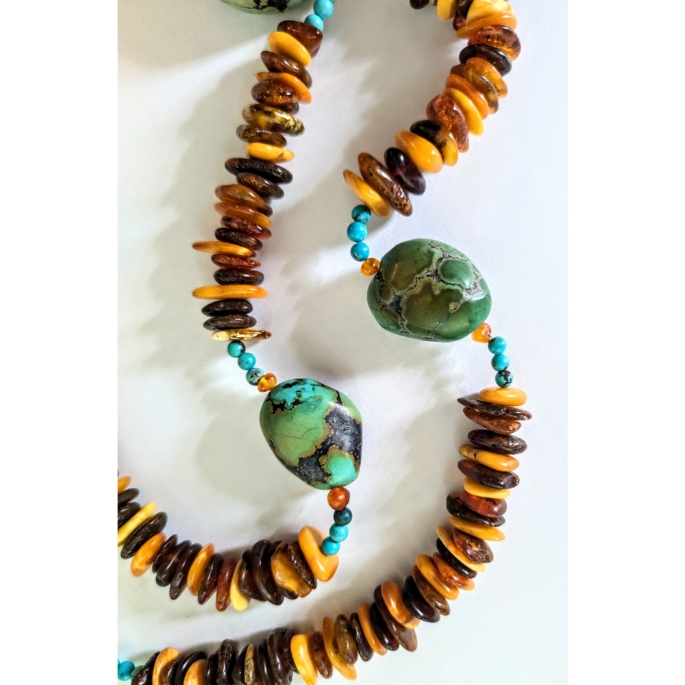 Sterling Egg Yolk Baltic Amber Blue Turquoise Chunks Beaded Pendant Necklace 22" - Picture 6 of 12